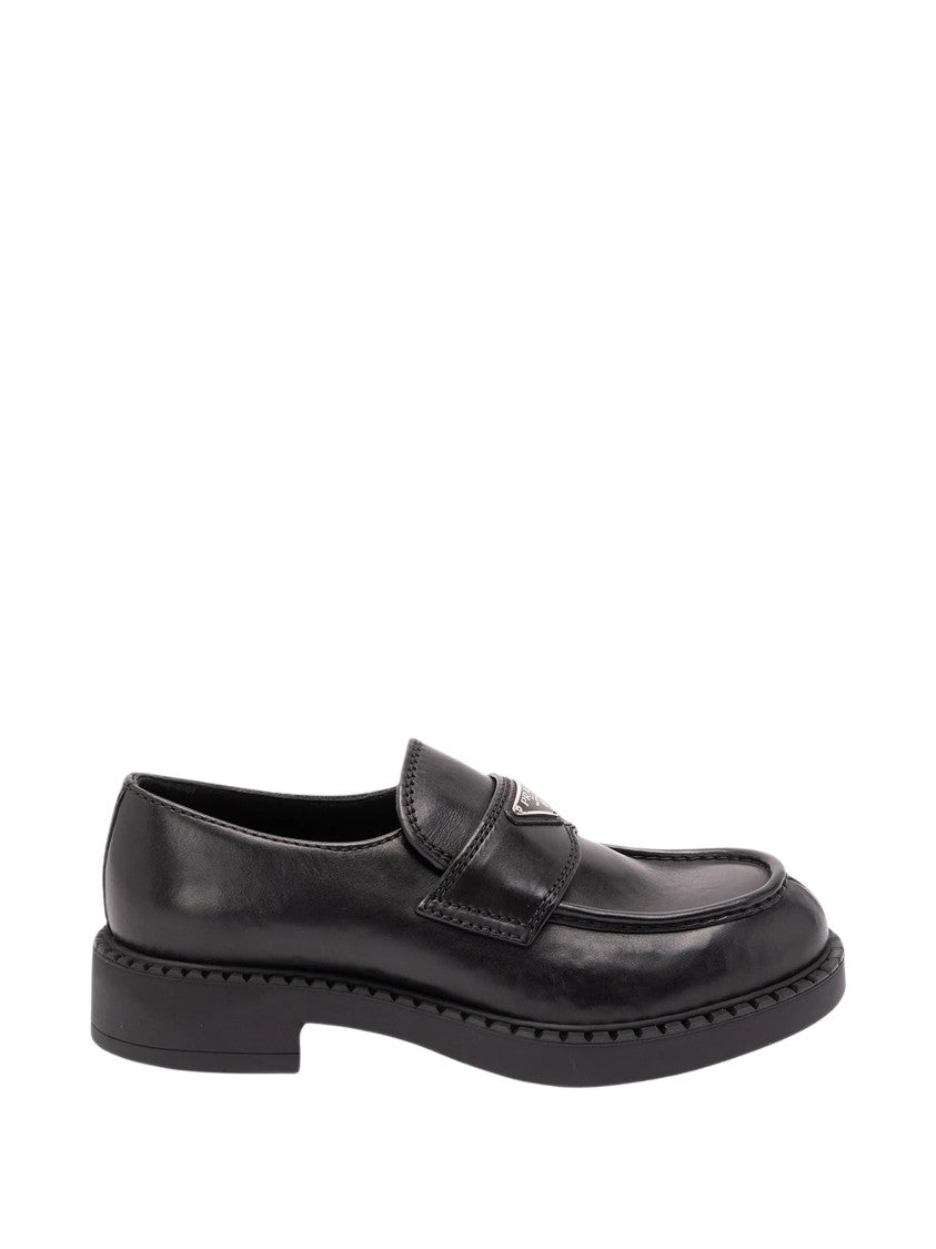Prada Enamelled Triangle Logo Black Leather Slip-On Shoes