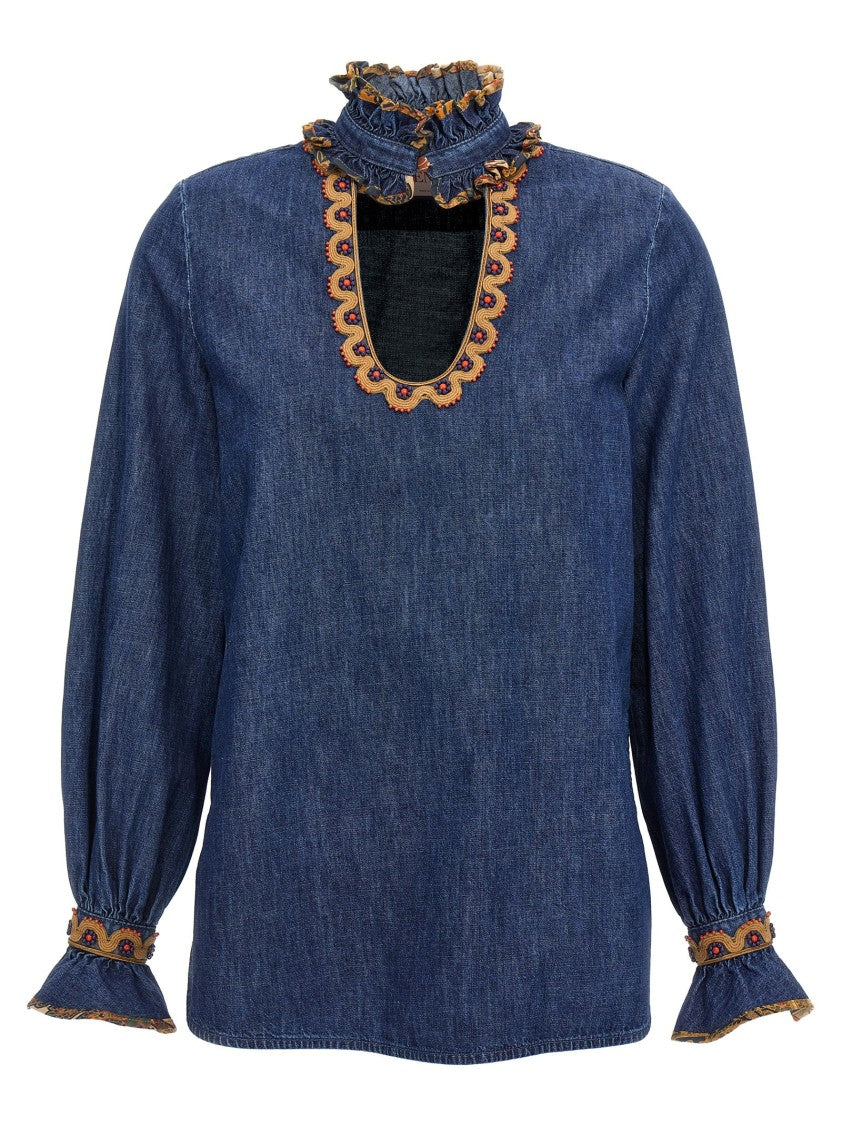 Valentino Garavani Chambray Denim Embroidered Top