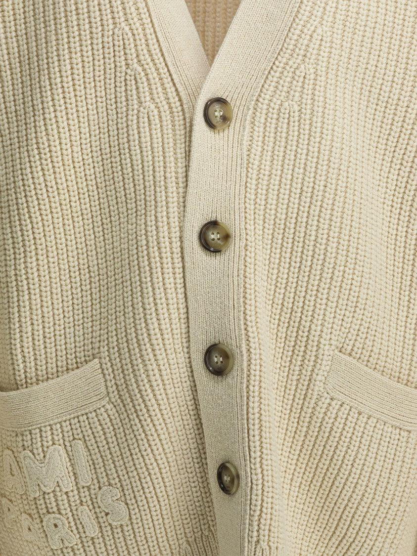 Ami Paris Chunky Ribbed Knit Cardigan With Button-Up Front And Striped Cuffs