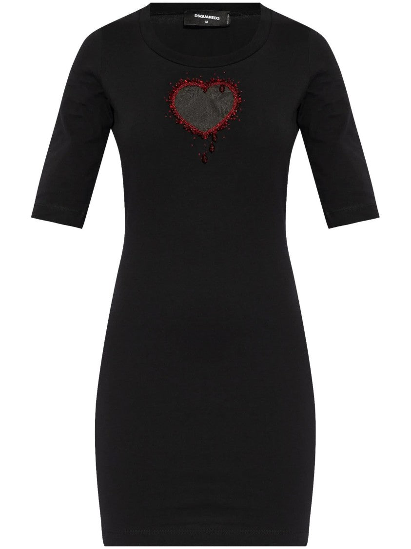 Dsquared2 Fitted Black Cotton Heart Cutout Dress