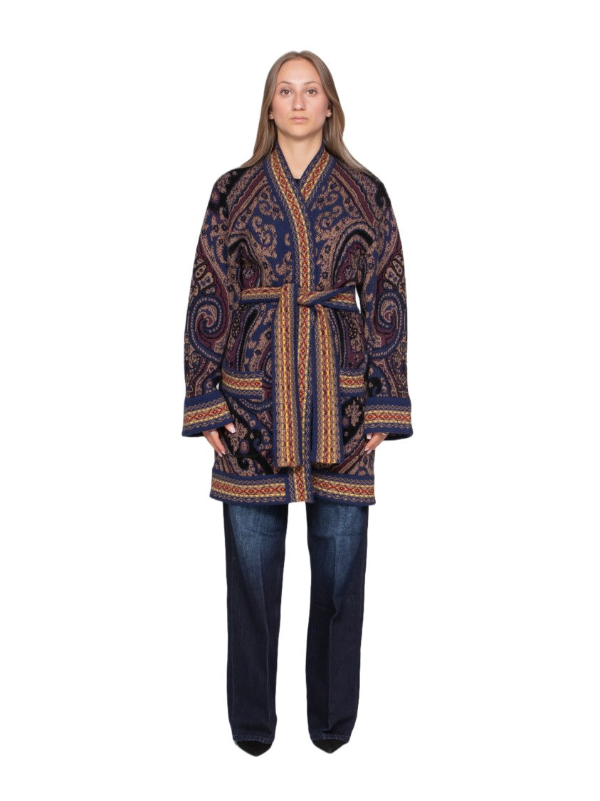 Etro Ornamental Paisley Cardigan With Belted Waist And Geometric Trim