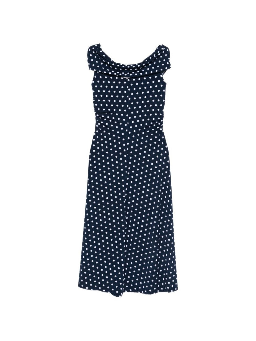 Michael Kors Knee-Length Navy Dress With White Polka Dots And Gathered Neckline