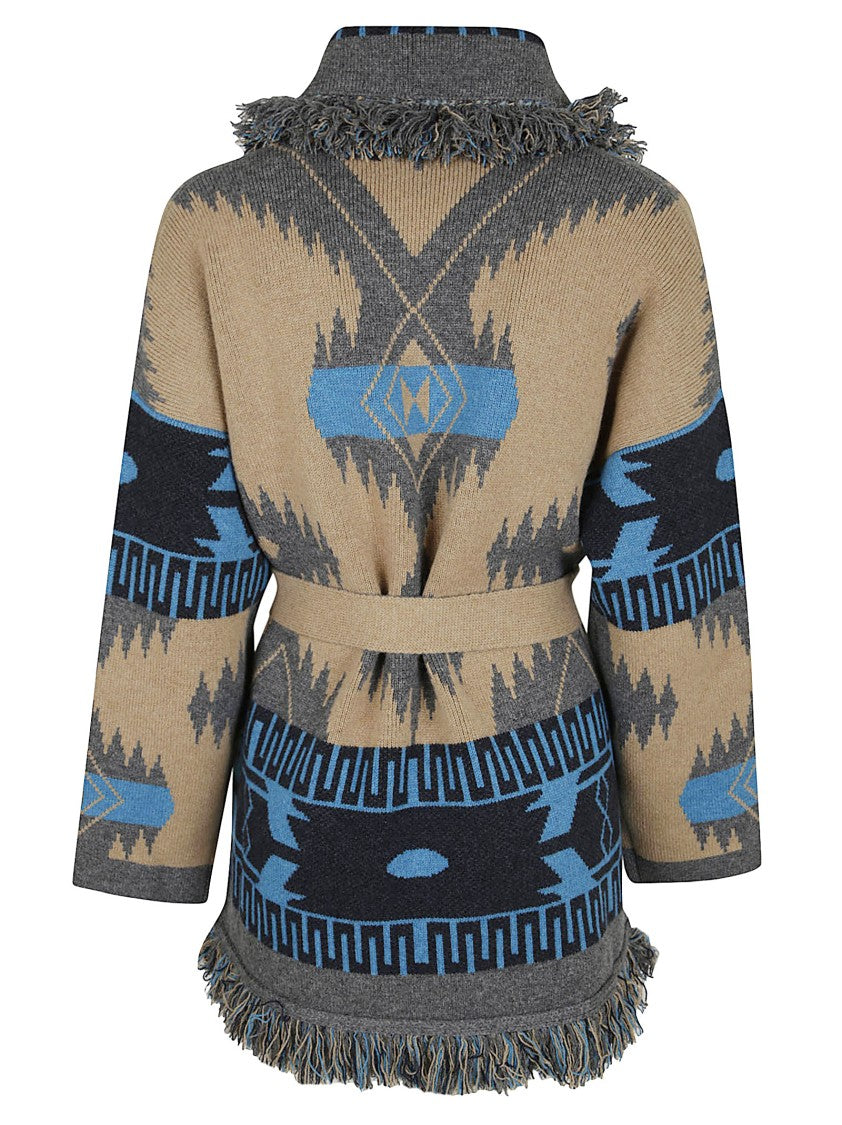 Alanui Geometric Two-Tone Cashmere Cardigan With Fringed Edges