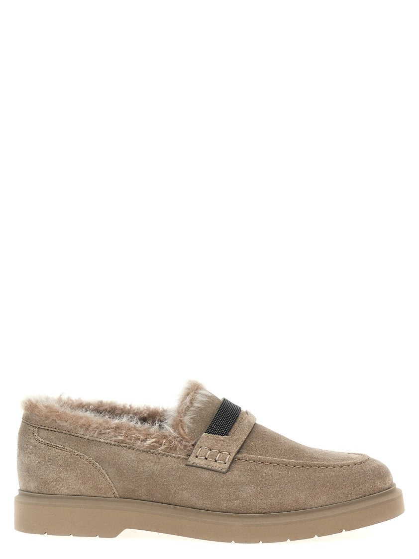 Brunello Cucinelli Suede Loafers With Monile Detail And Fur Lining