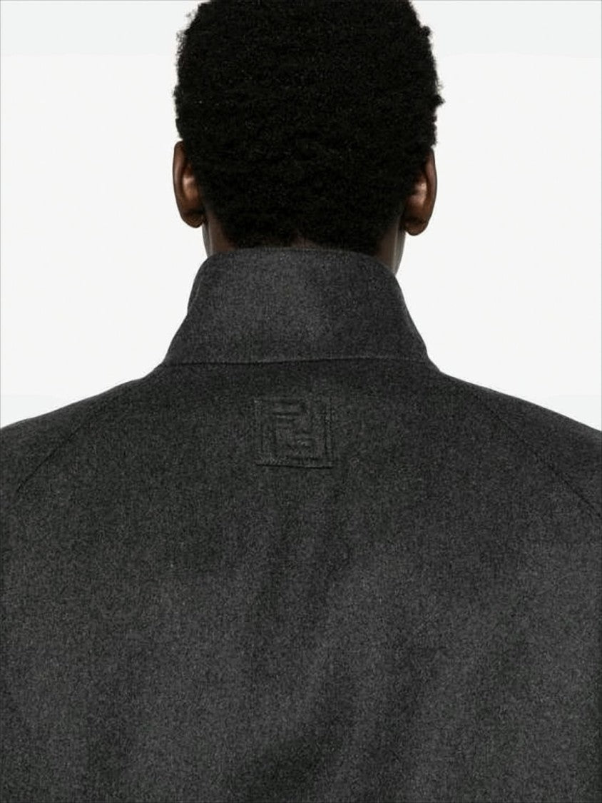 Fendi High Collar Grey Bomber Jacket With Ribbed Details