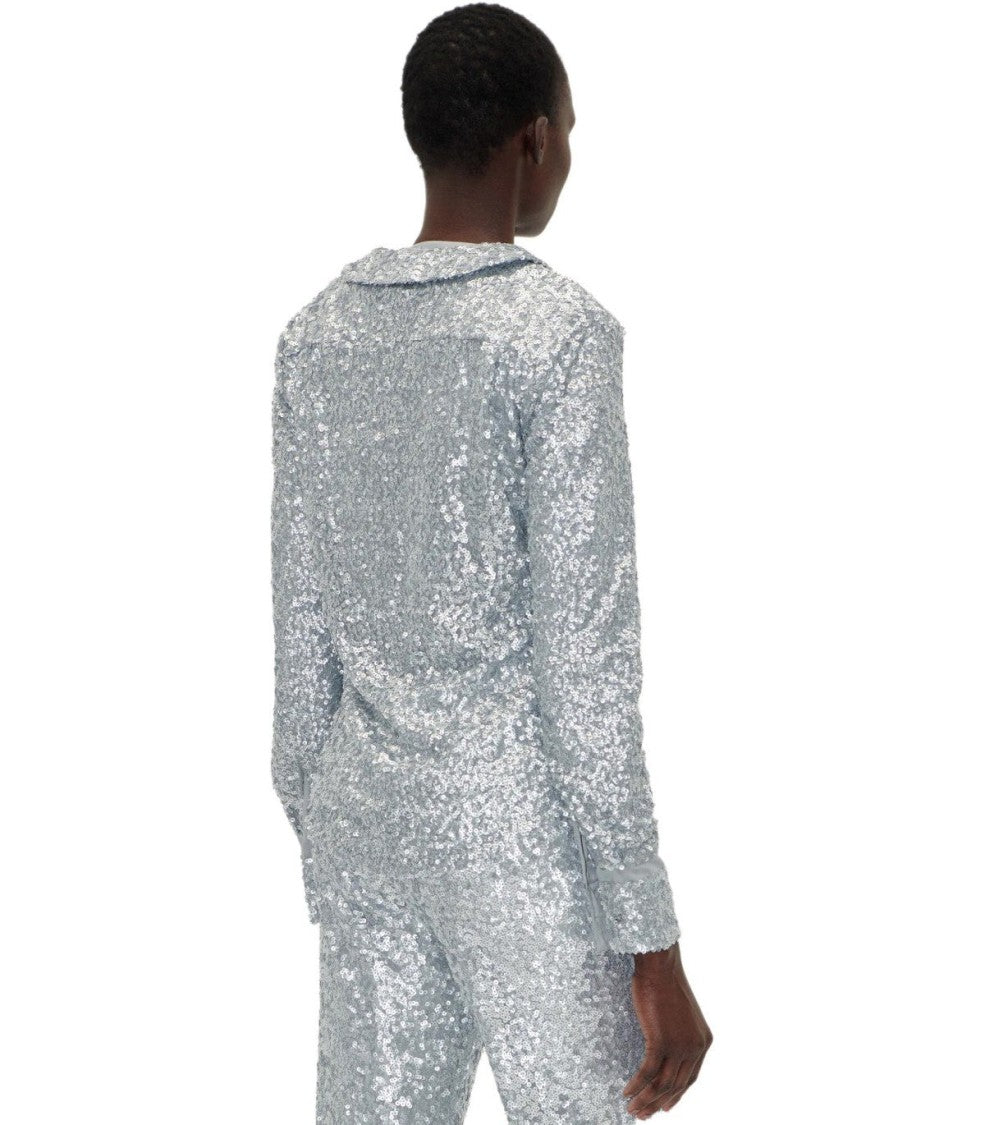 Stine Goya Silver Sequined Shirt With Double Collar And Pockets