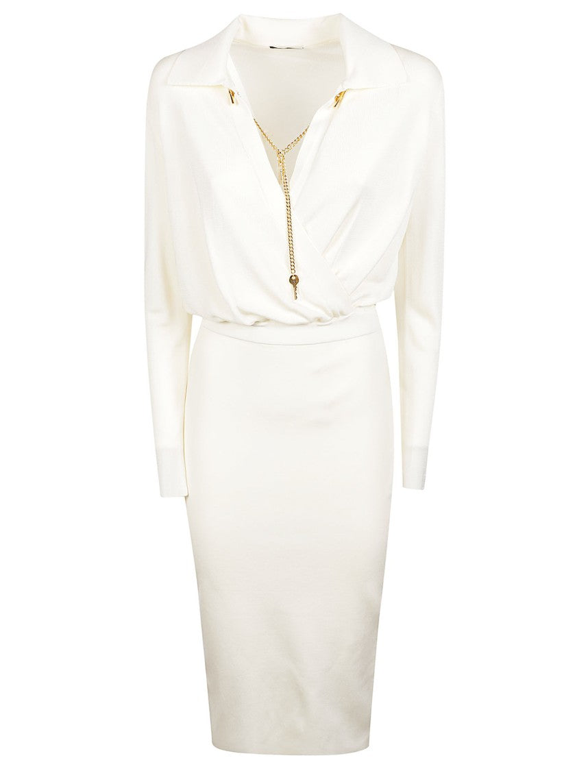 Elisabetta Franchi Draped Viscose Midi Dress With Gold Chain Detail