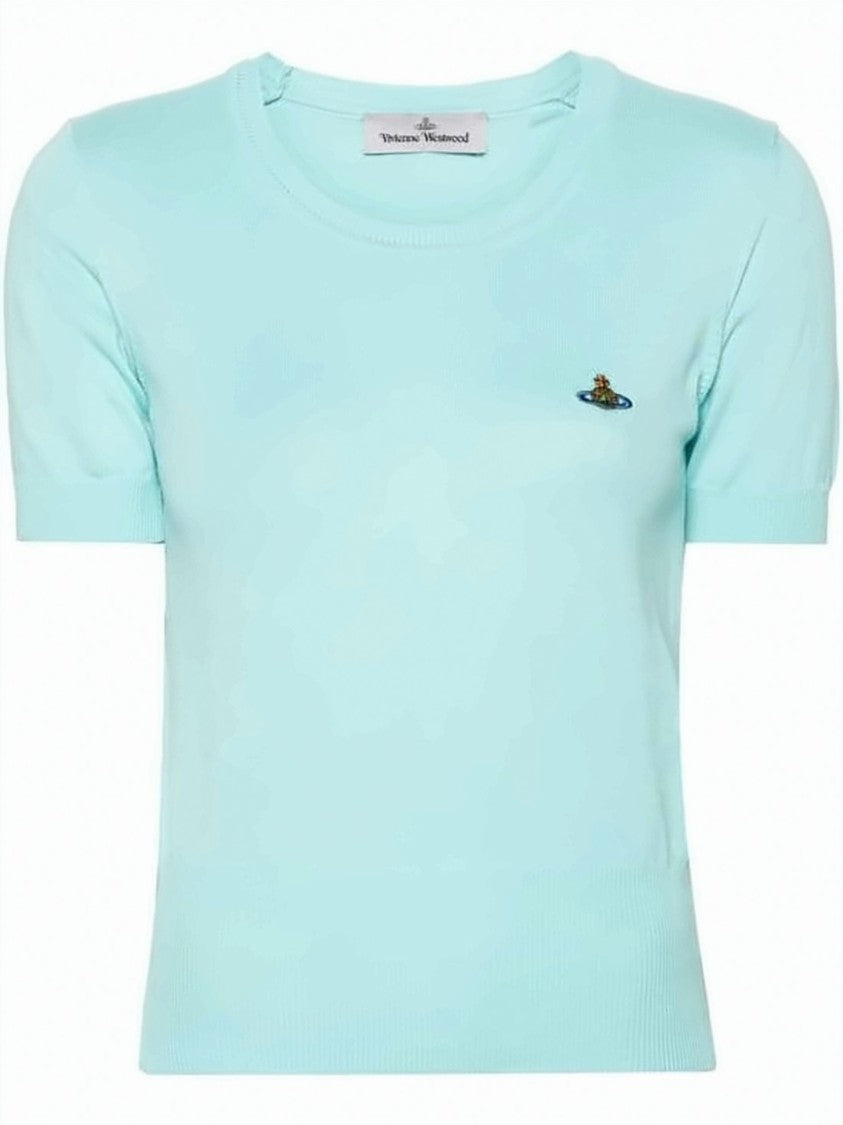 Vivienne Westwood Fitted Blue Cotton Sweater With Embroidered Emblem