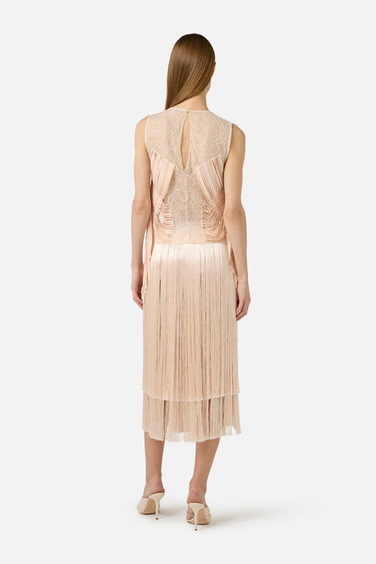 Elisabetta Franchi Blush Pink Tiered Fringed Hem Acetate Midi Skirt