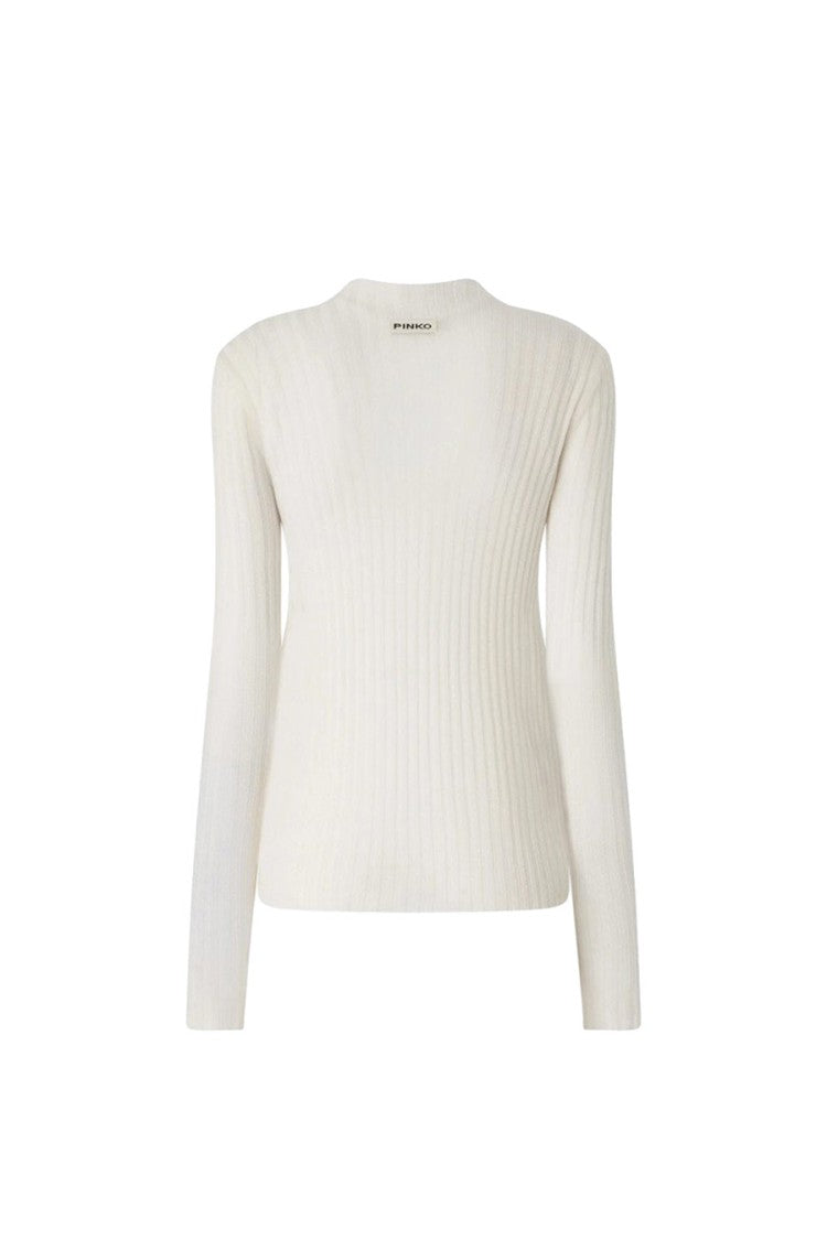 Pinko White Wool Ribbed Mock-Neck Sweater