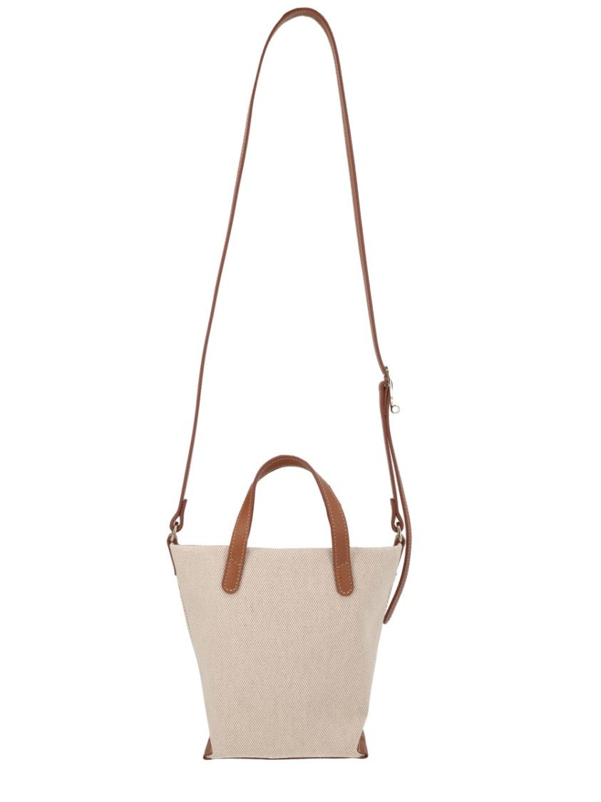 Longchamp Small Textured Cotton Bag With Leather Accents