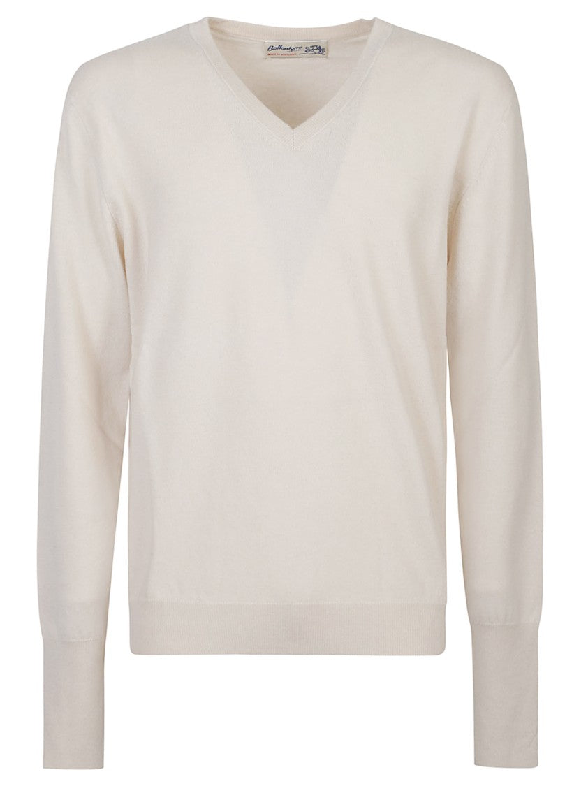 Ballantyne Plain Stitch Cashmere Sweater With V-Neckline And Ribbed Trim
