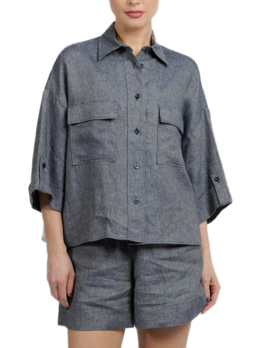 Eleventy Cropped Textured Shirt With Button-Down Front And Flap Pockets