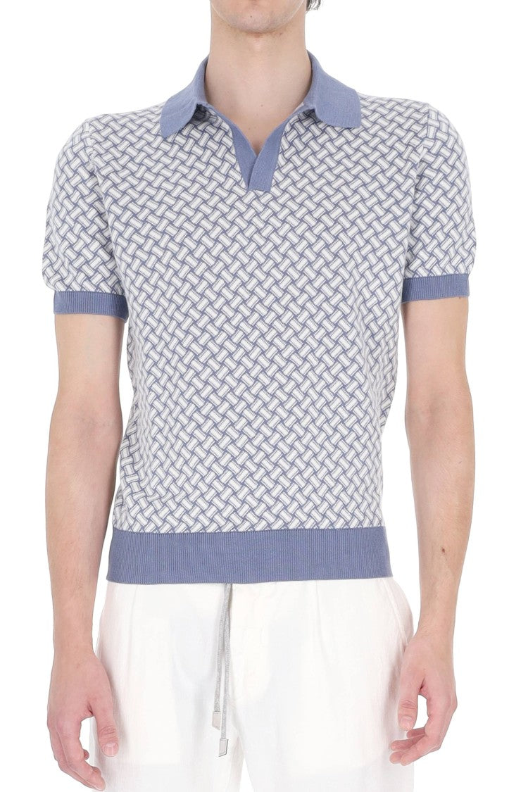 Drumohr White Blue Biscottino Cotton-Linen Polo Shirt