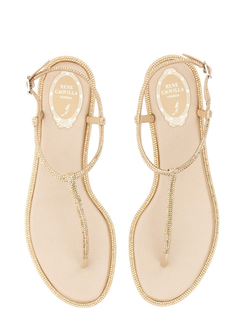 René Caovilla Diana Minimalist Embellished Flat Leather Sandals