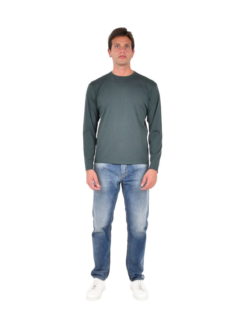 Low Brand Regular-Fit Long-Sleeved Crewneck T-Shirt In Green Wool