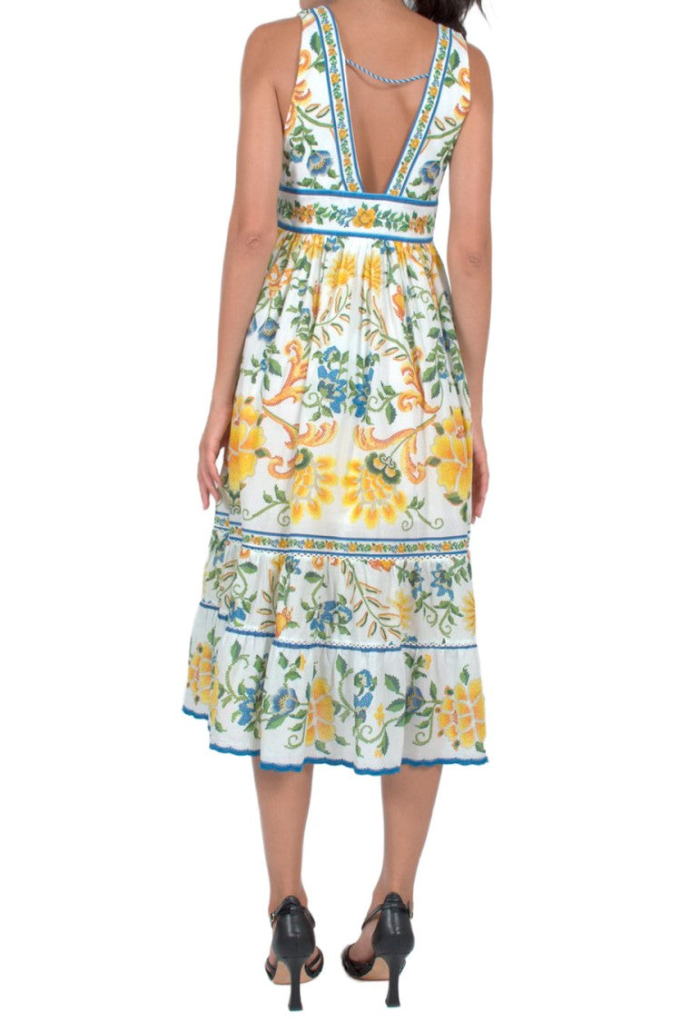 Farm Rio Multicolor Lemon-Floral Plunge-Neck Cotton Midi Dress