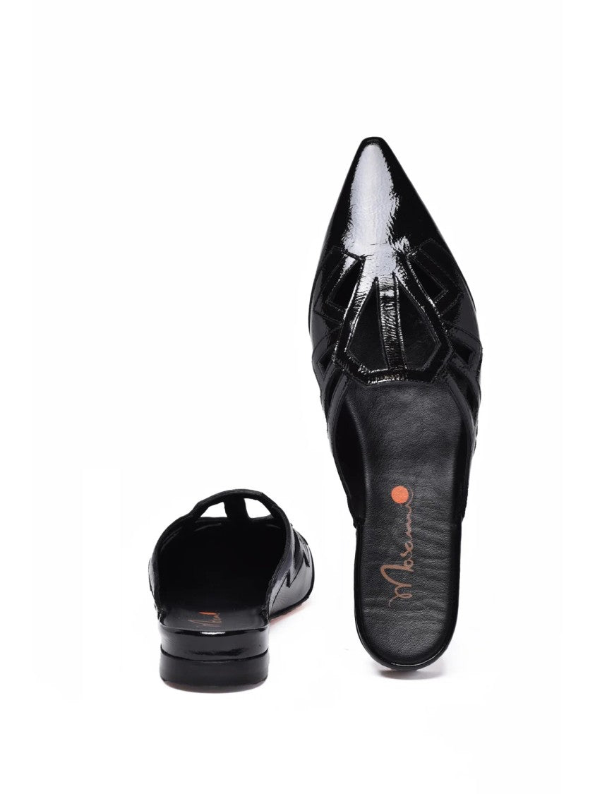 Masami Black Minimalist Cut-Out Patent Leather Mules