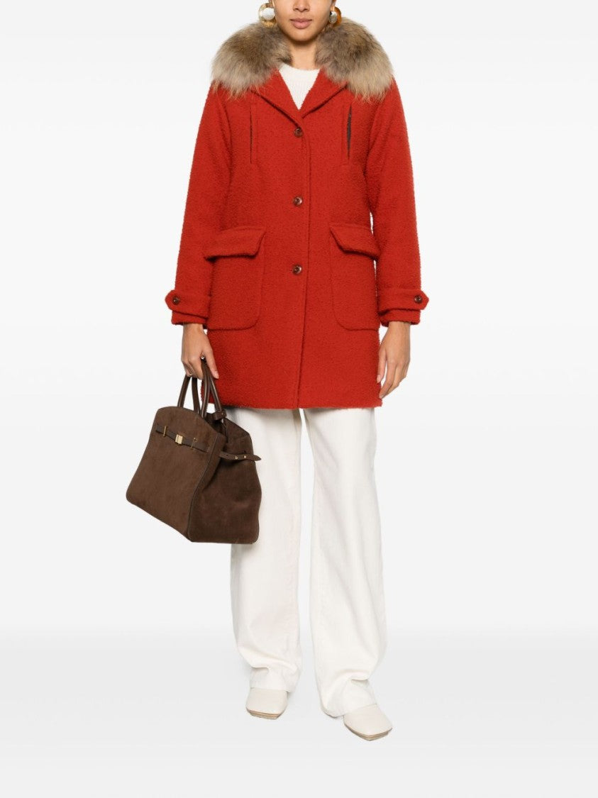Capalbio Textured Red Wool Jacket With Fur Collar