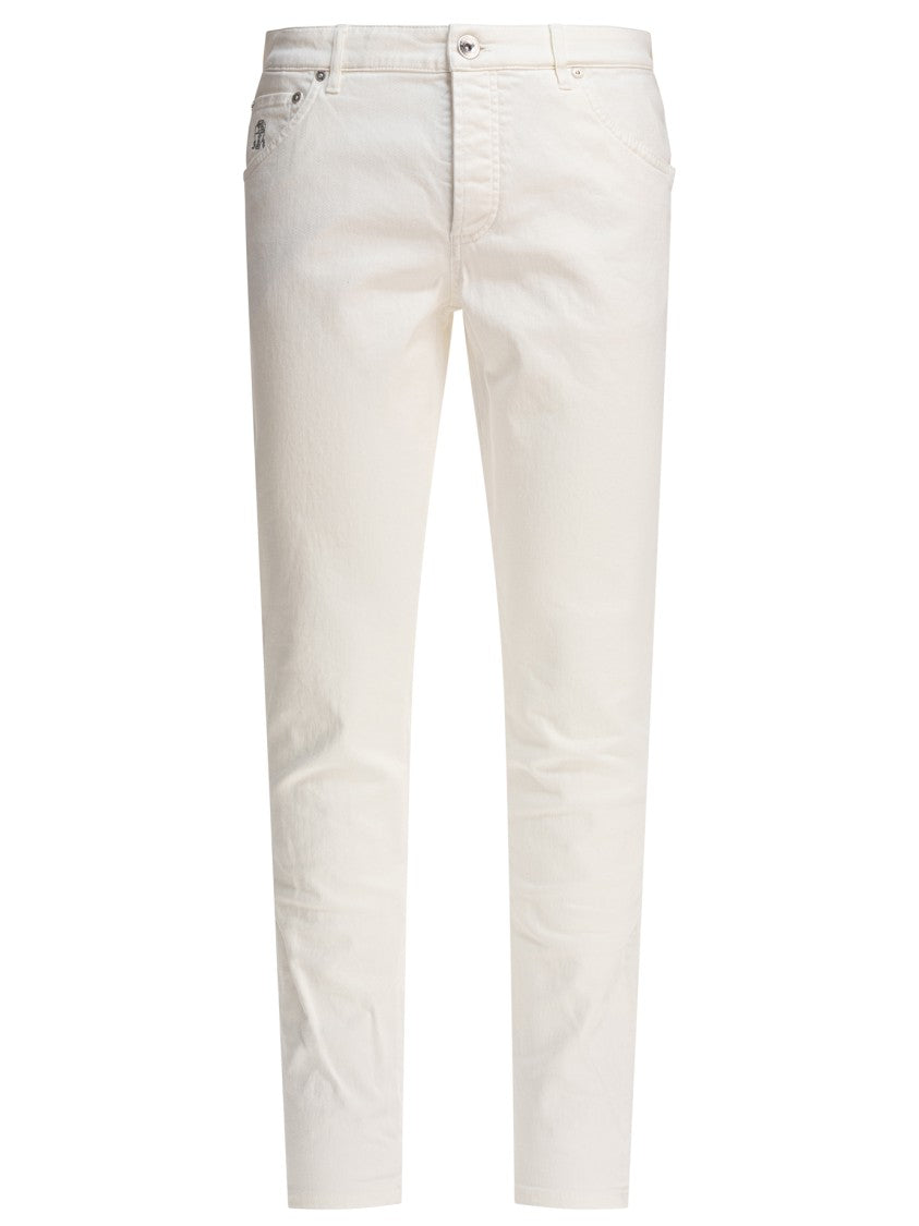 Brunello Cucinelli Slim Fit White Jeans With Design