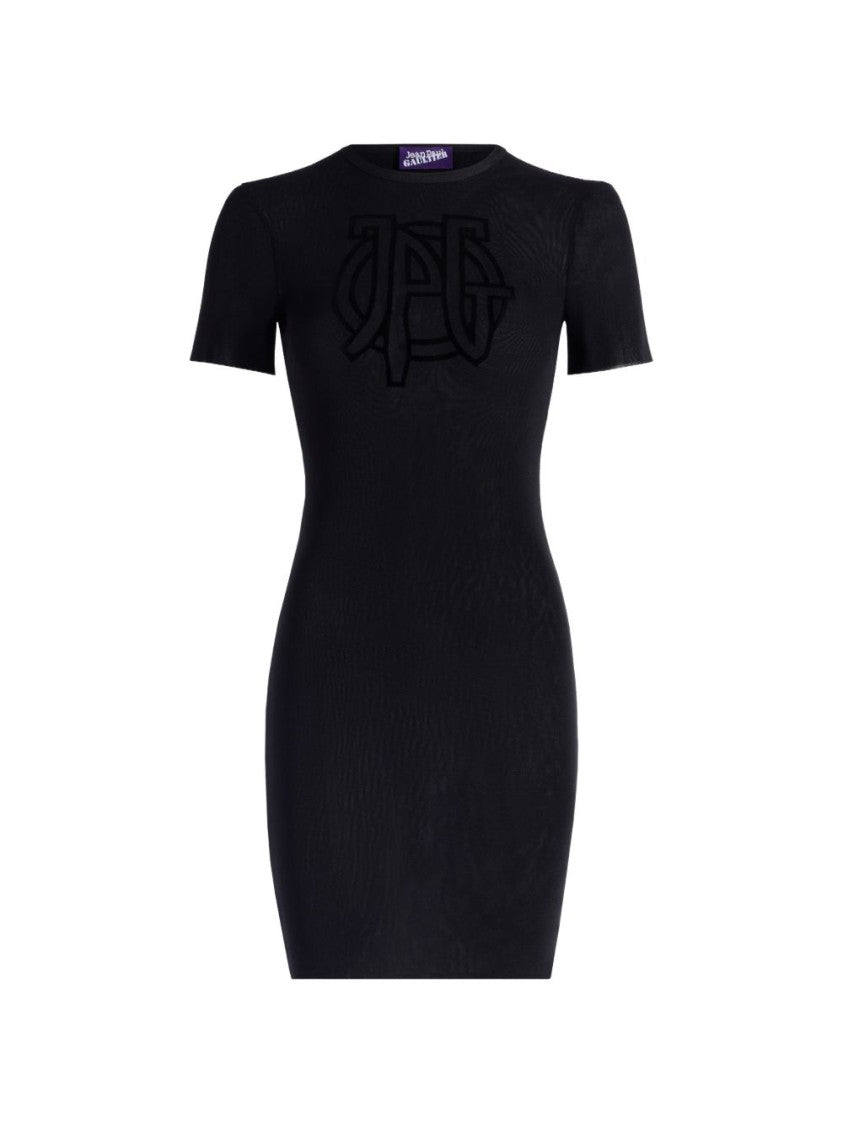 Jean Paul Gaultier Black Sheer Logo Detail Fitted Mini Dress