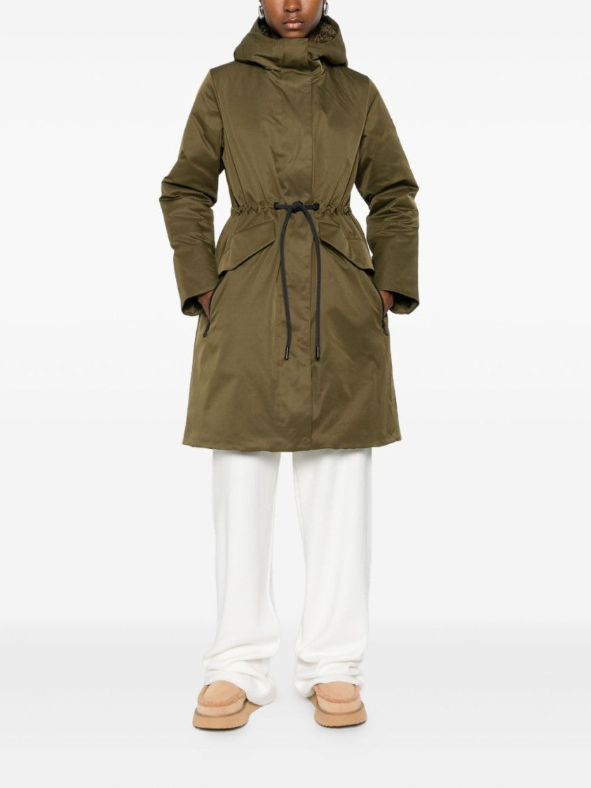 Save The Duck Mid-Length Green Cinched Waist Parka With Hood