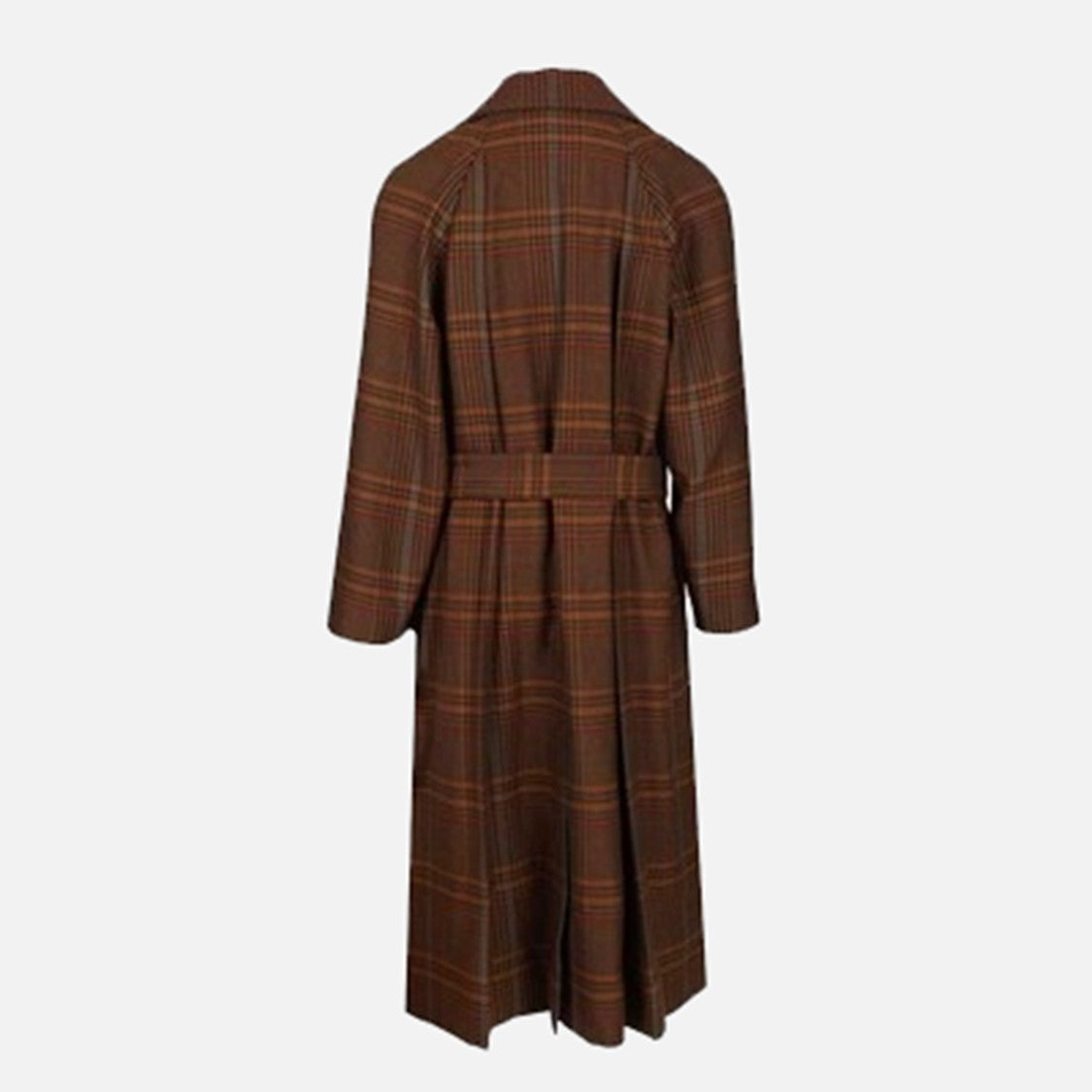 Saint Laurent Tailored Plaid Long Coat With Wide Collar And Belted Waist