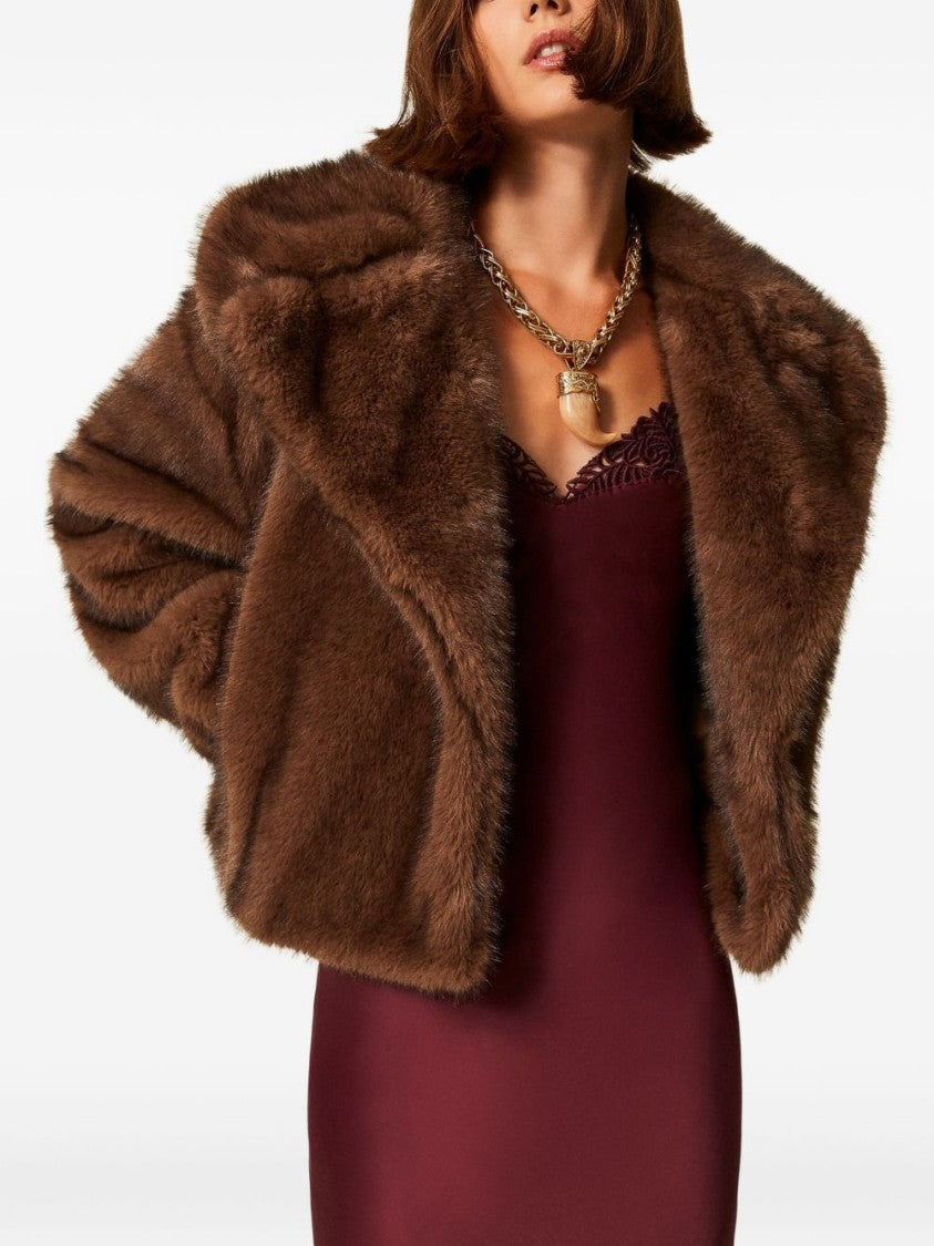 Twin-Set Cropped Faux Fur Coat With Shawl Collar