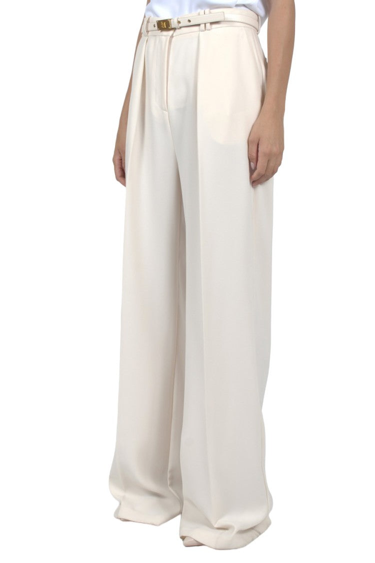 Elisabetta Franchi Cream Pleated Belted Wide-Leg Polyester Pants