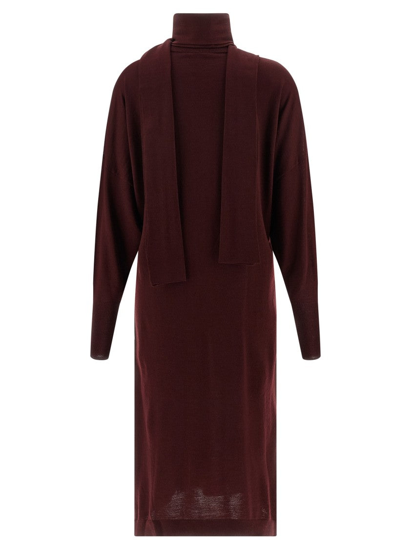 Nude Light Wool Knit Midi Dress With V-Neck