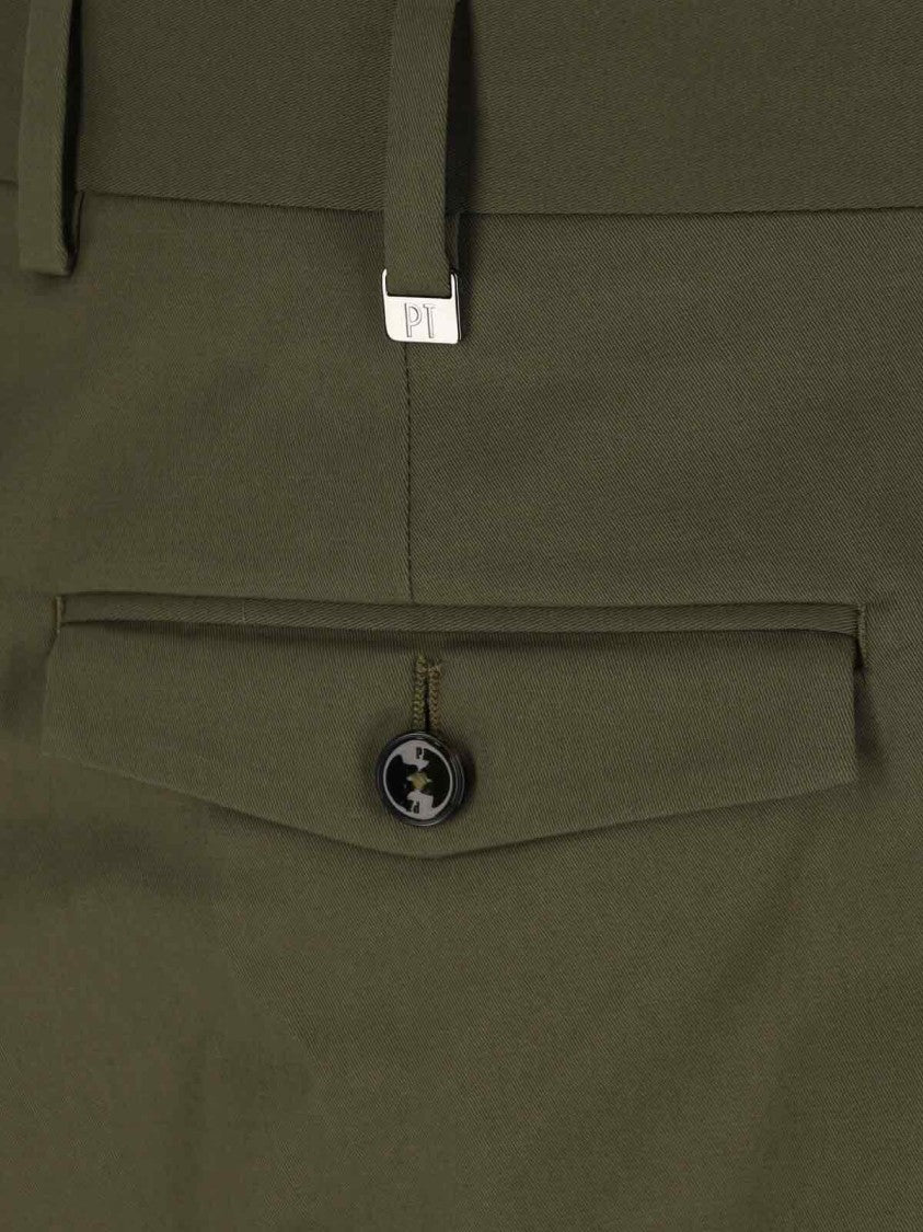 Pt Torino Green Cotton Chinos With Pleats And Cuffed Hem