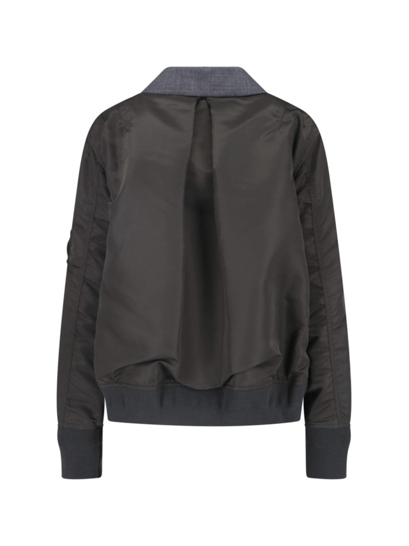Sacai Double-Breasted Grey Nylon Twill Blazer With Zip Details