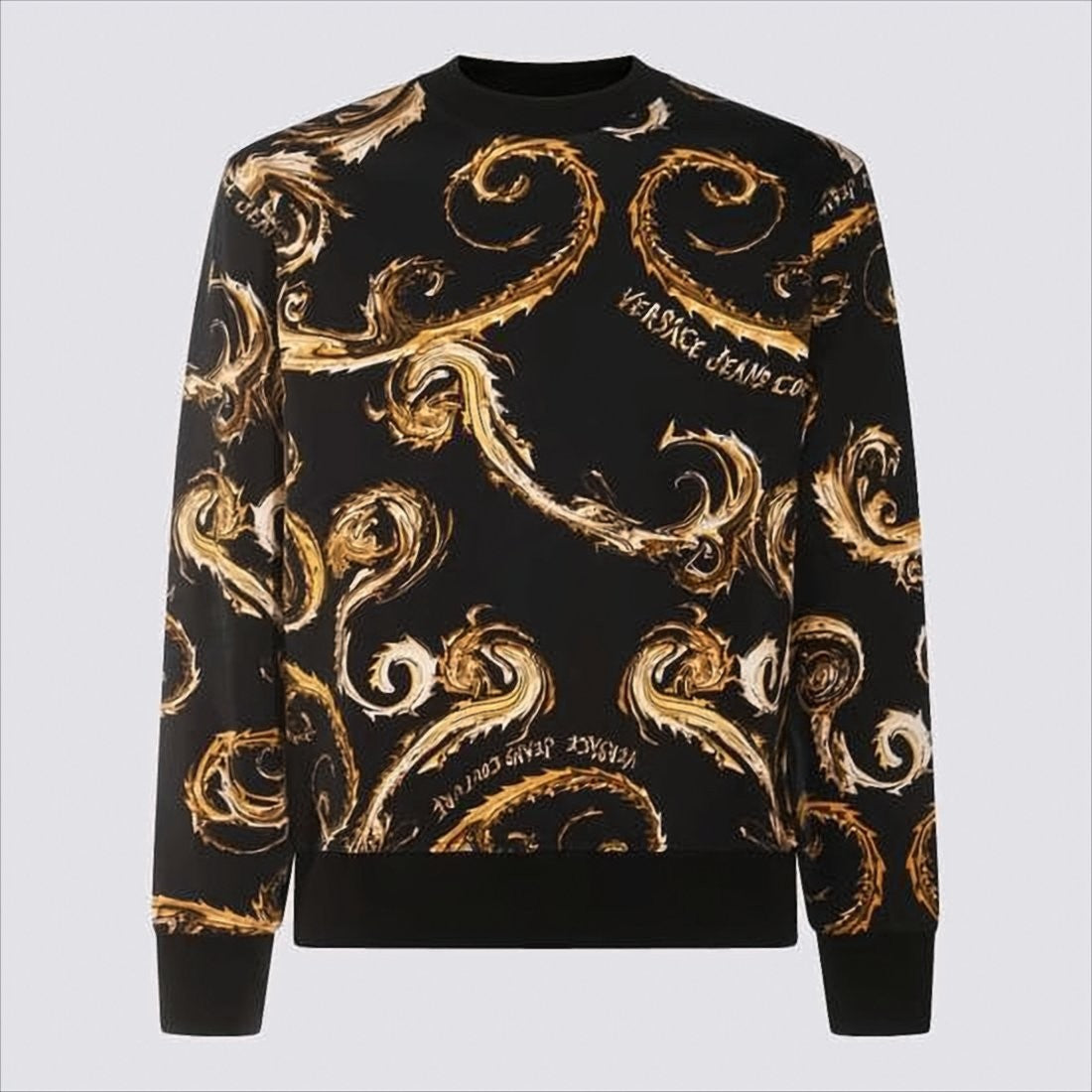 Versace Long-Sleeve Black T-Shirt With Baroque Gold Scroll Pattern