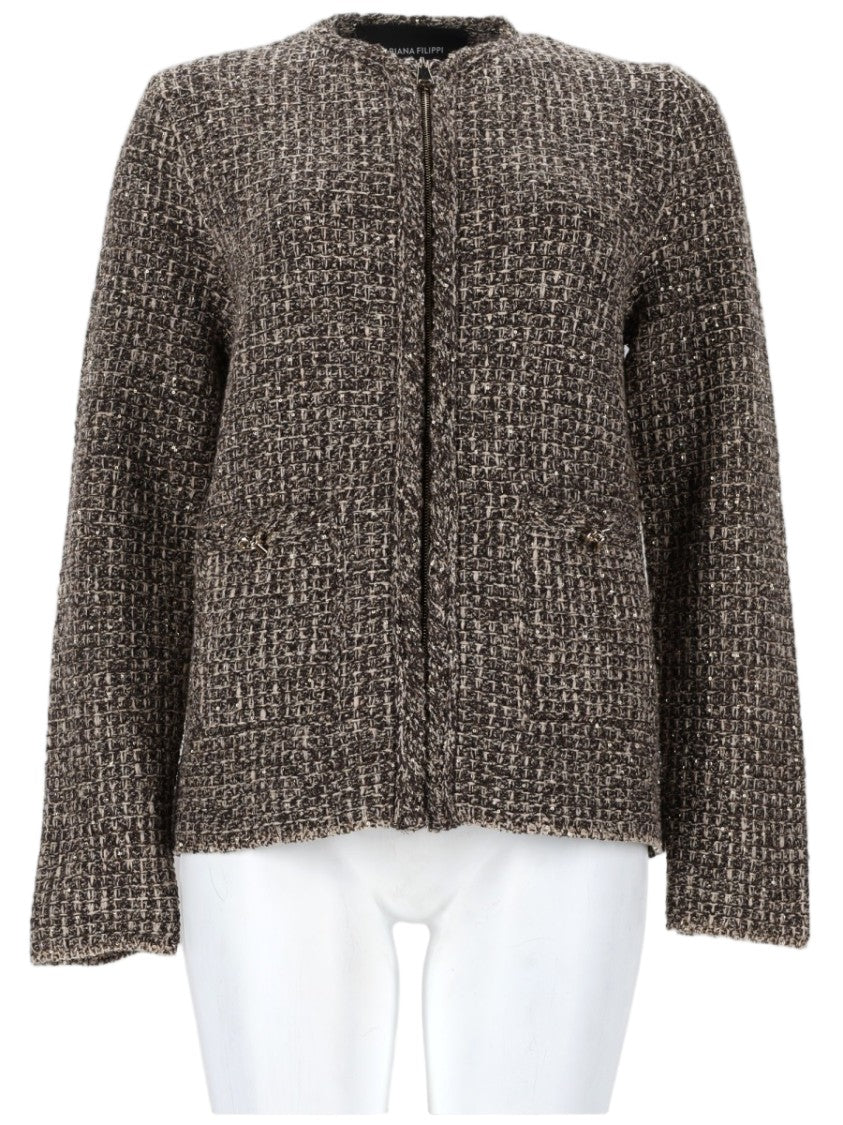 Fabiana Filippi Textured Tweed Jacket With Round Neckline And Zip Closure