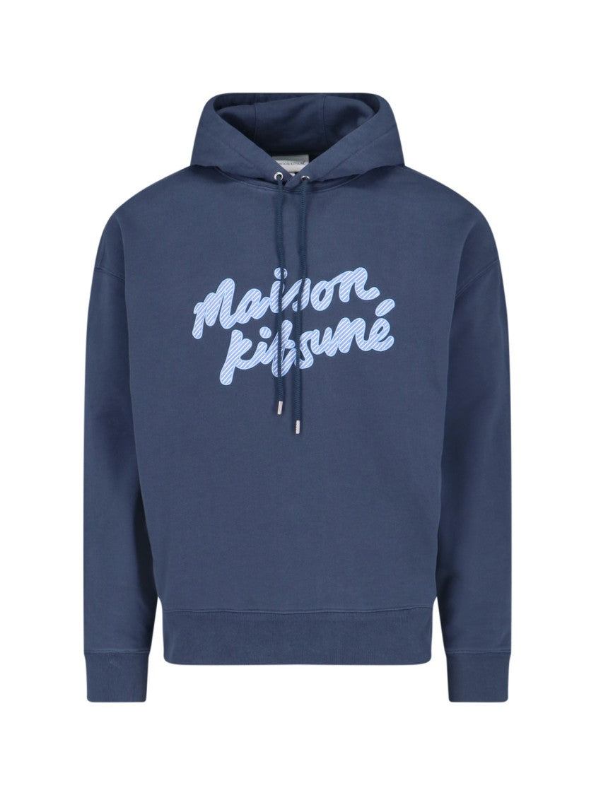 Maison Kitsuné Logo Sweatshirt In Blue Cotton Drawstring Hood