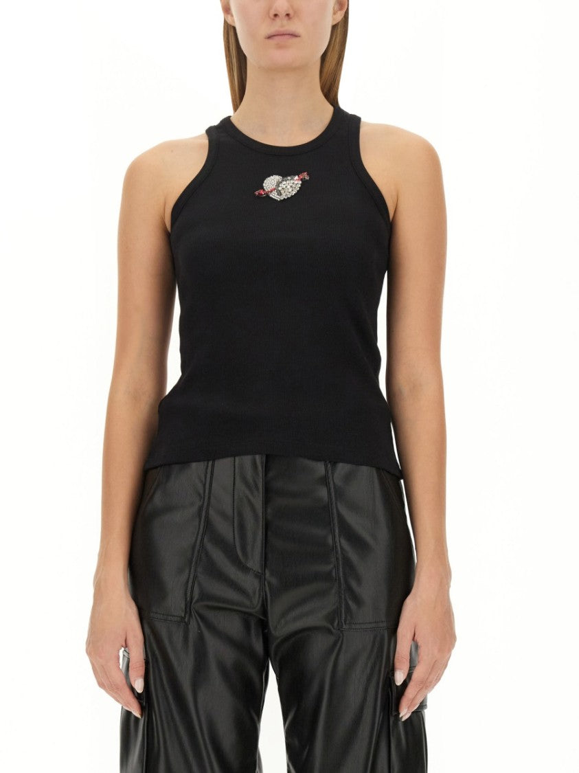 Msgm Fitted Sleeveless Ribbed Cotton Top With Embroidered Detail