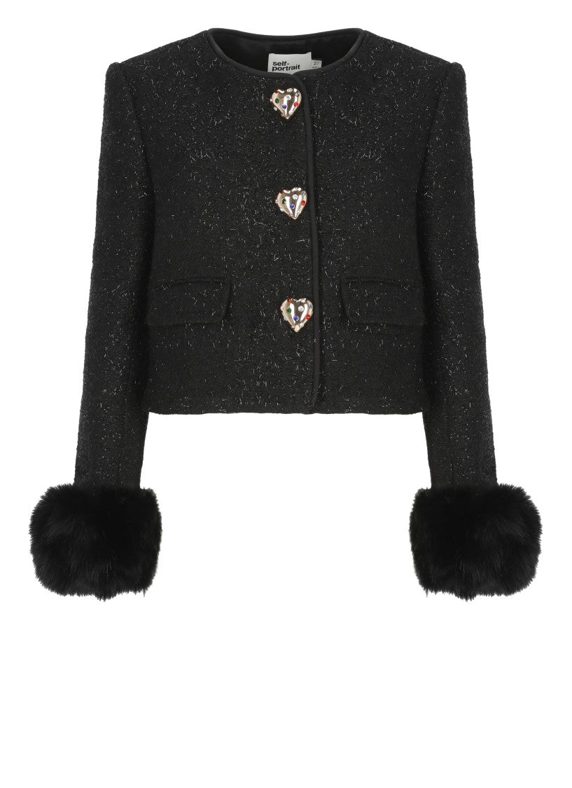 Self-Portrait Cropped Black Jacket With Hidden Closure And Decorative Heart Buttons
