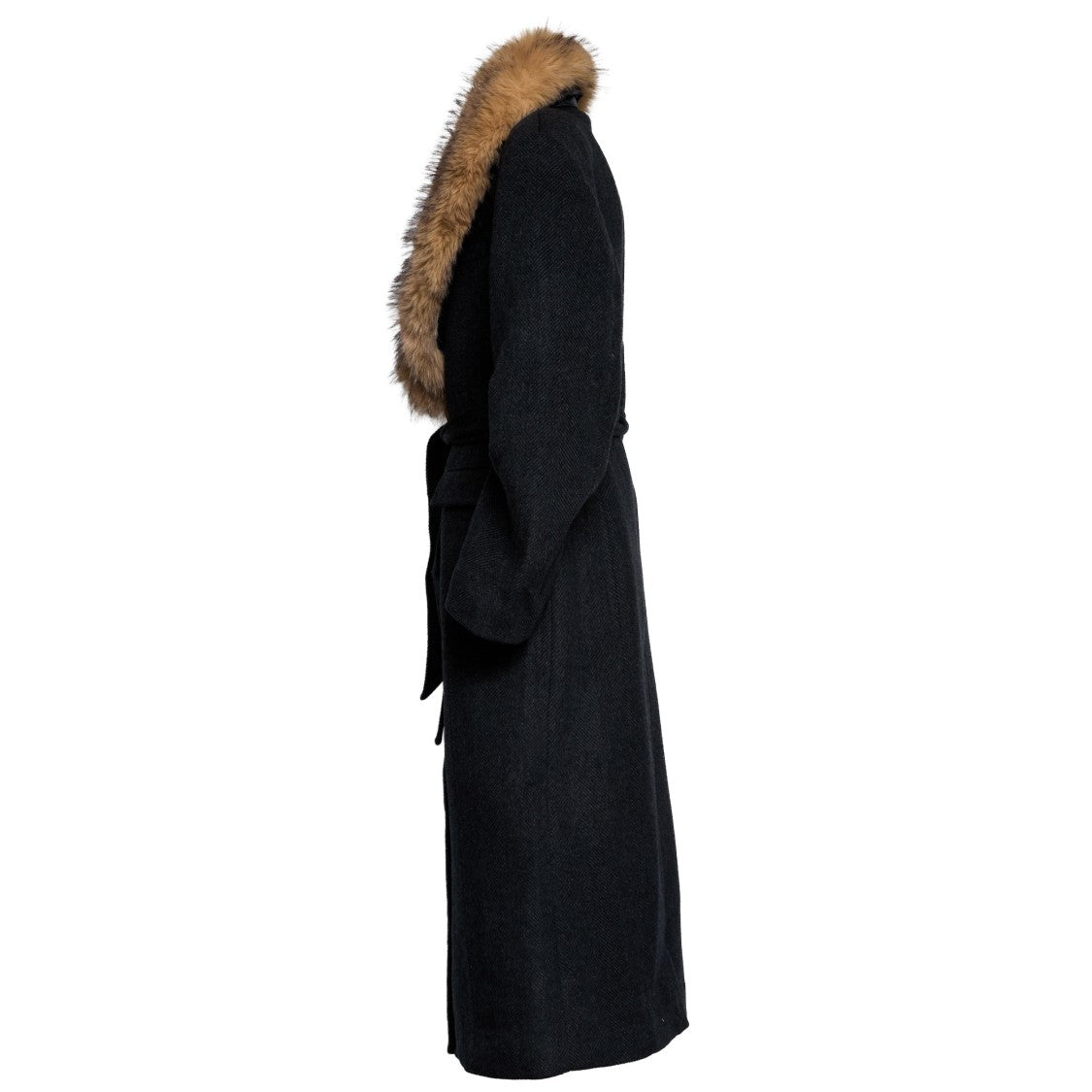 Rotate Black Long Faux Fur Collar Coat