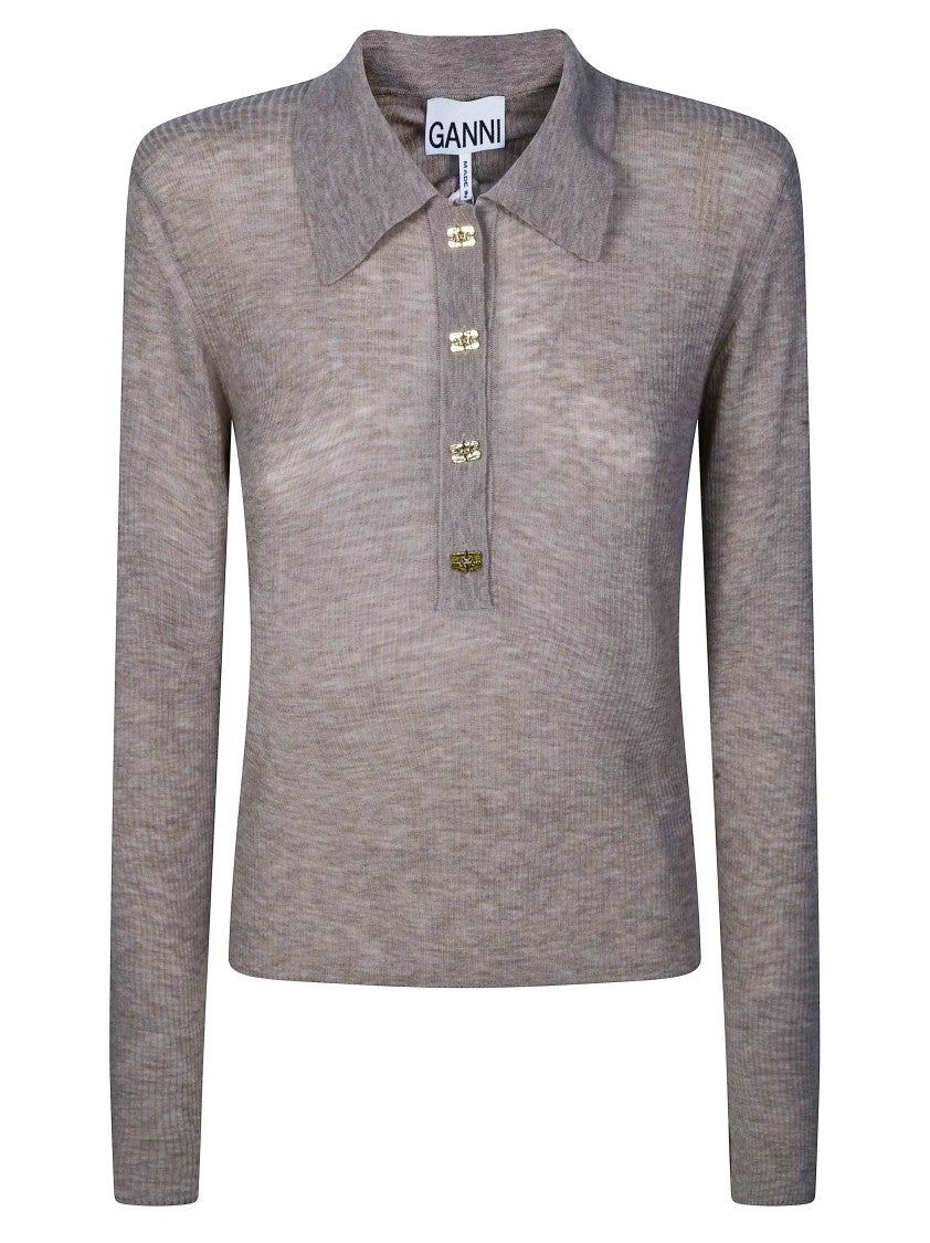 Ganni Sheer Ribbed Wool Gold-Button Polo Top
