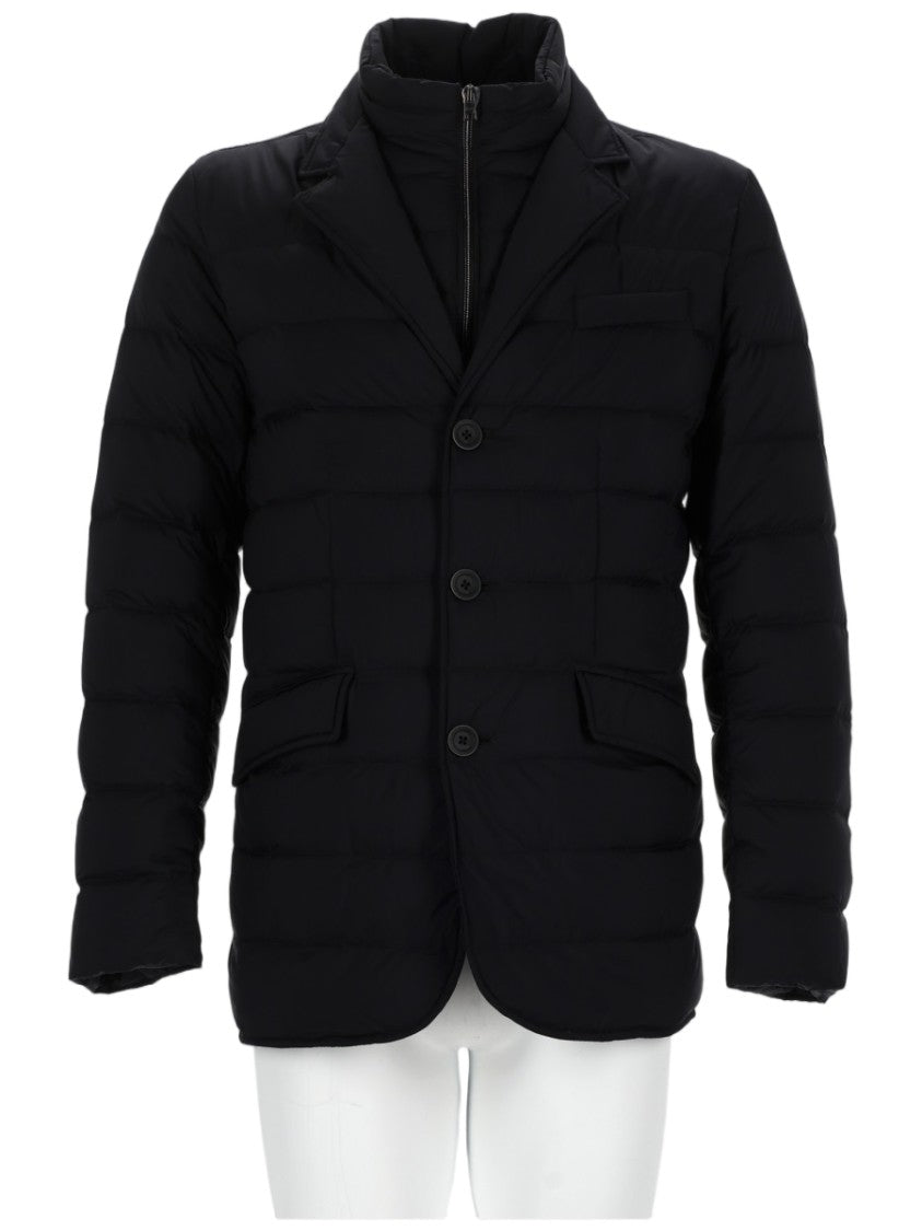 Herno Padded Black Jacket With Notched Lapel And Horizontal Quilting