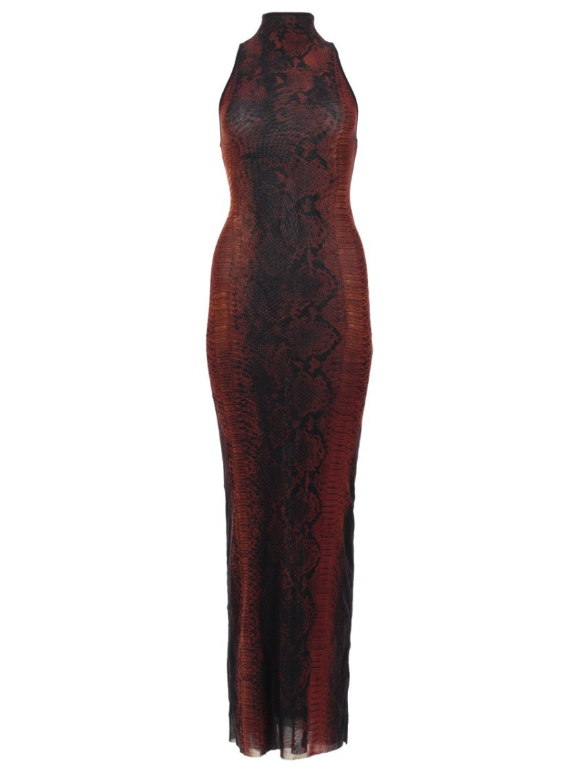 Jean Paul Gaultier Multicolor Snake Print High Neck Polyamide Maxi Dress