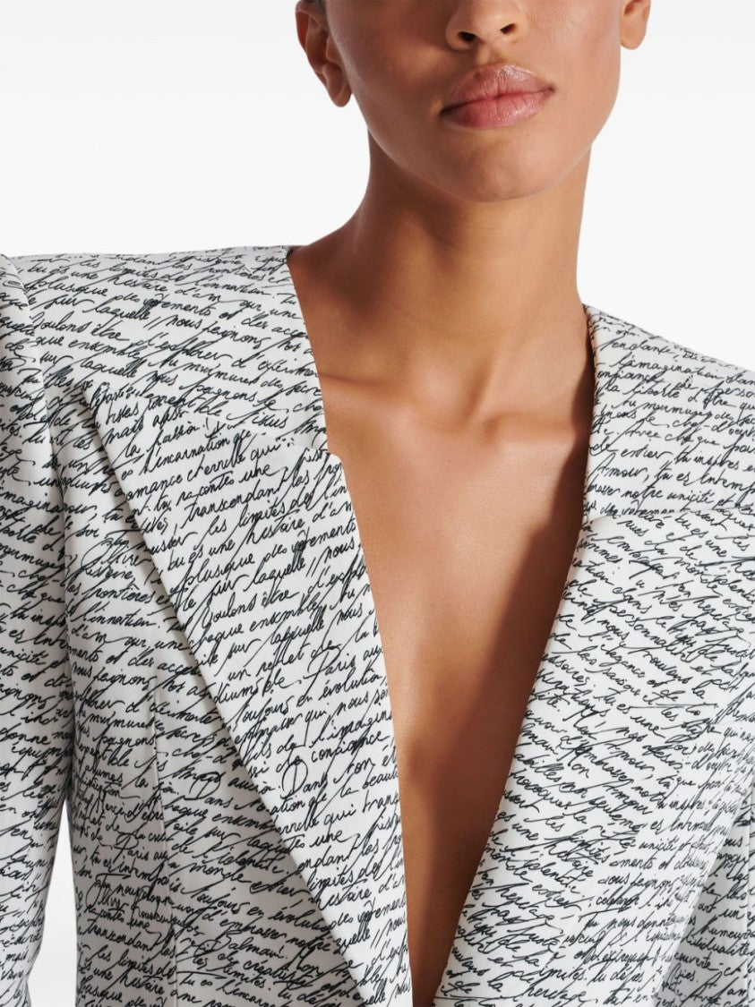 Balmain White Script Print Tailored Jacket