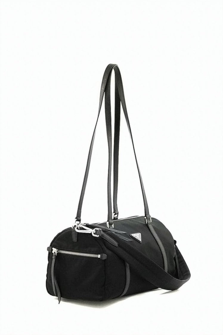 Prada Cylindrical Black Shoulder Bag With Triangular Logo