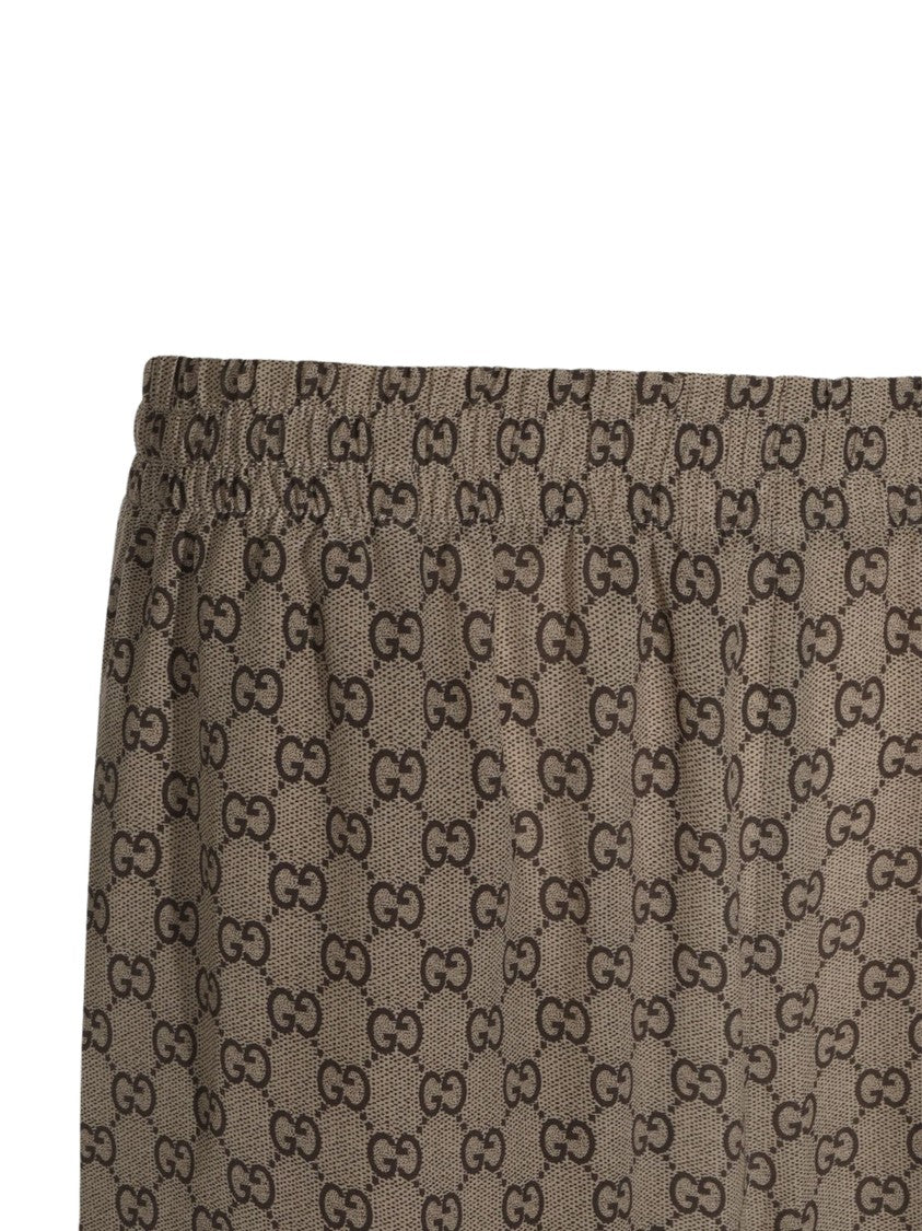 Gucci Beige Original Gg Print Silk Wide-Leg Pants