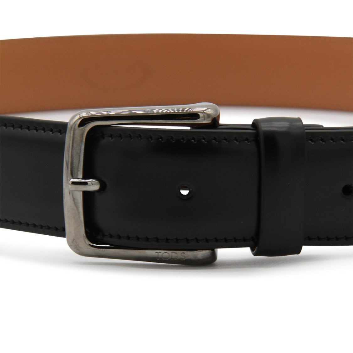 Tod's Black Leather Polished Silver Belt
