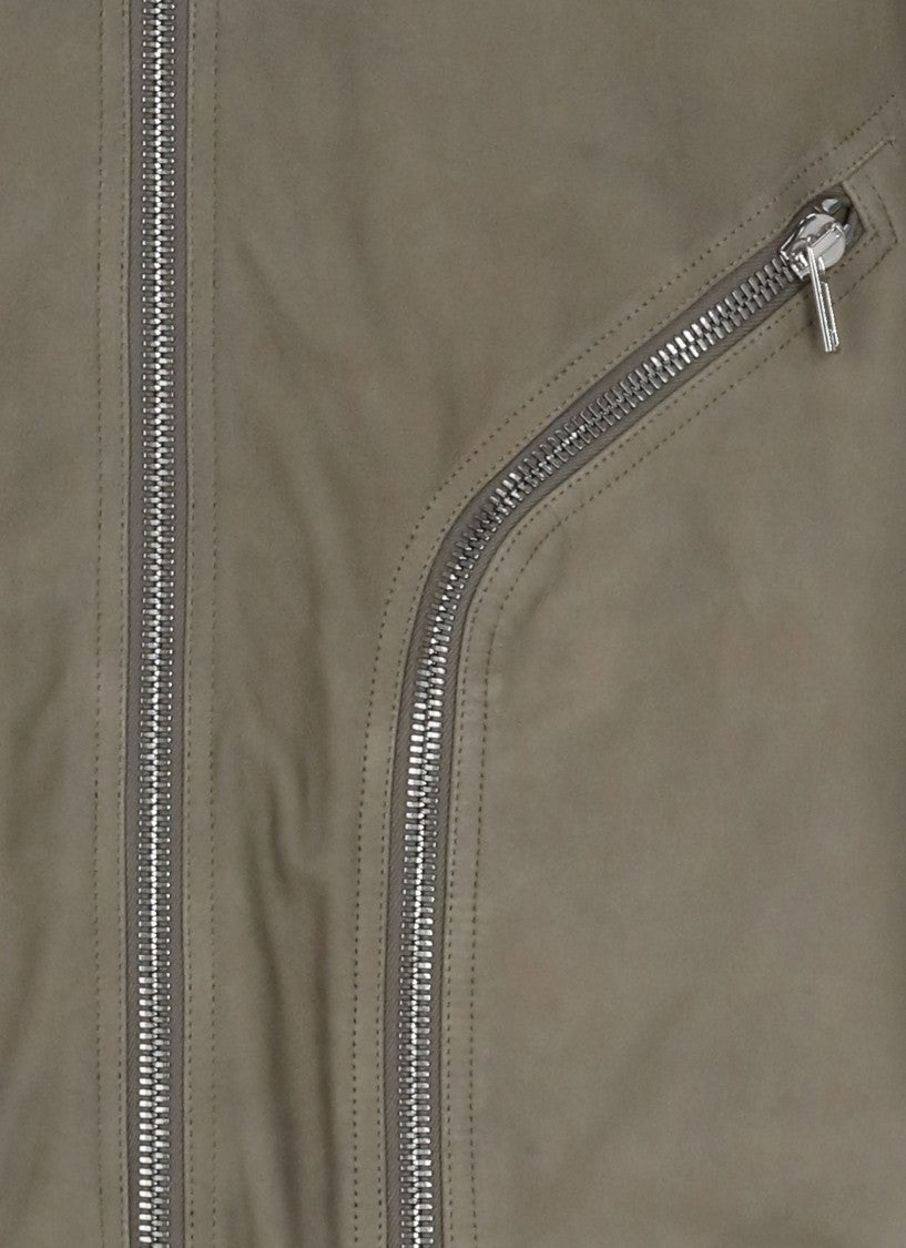 Rick Owens Grey Leather Bomber Jacket With Choker Collar And Ribbed Details