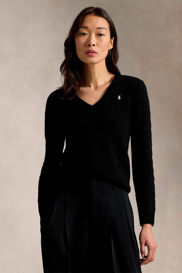 Polo Ralph Lauren Black Wool-Cashmere Blend V-Neck Cable-Knit Sweater