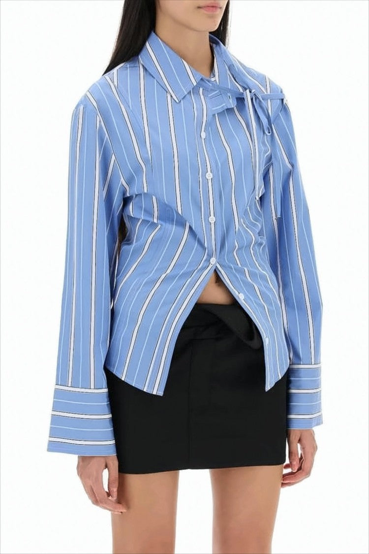 Jacquemus Structured Blue Stripe Blouse With Tie Detail