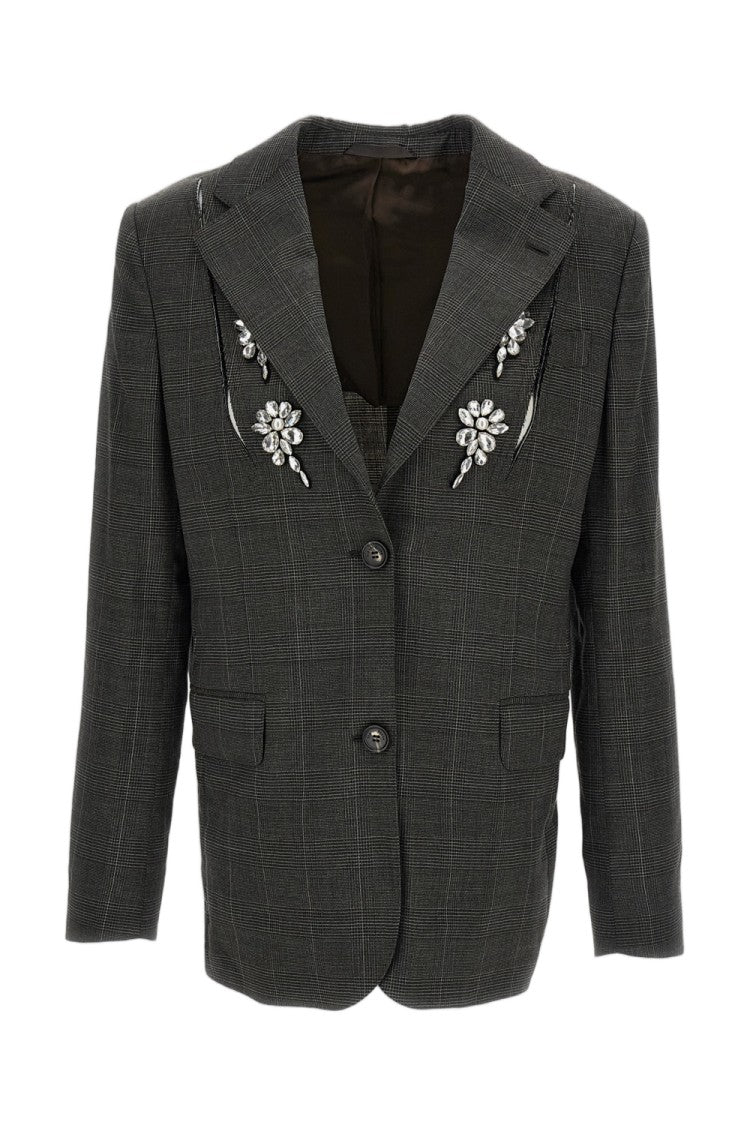 Simone Rocha Grey Slash Crystal Embellished Check Wool Blazer