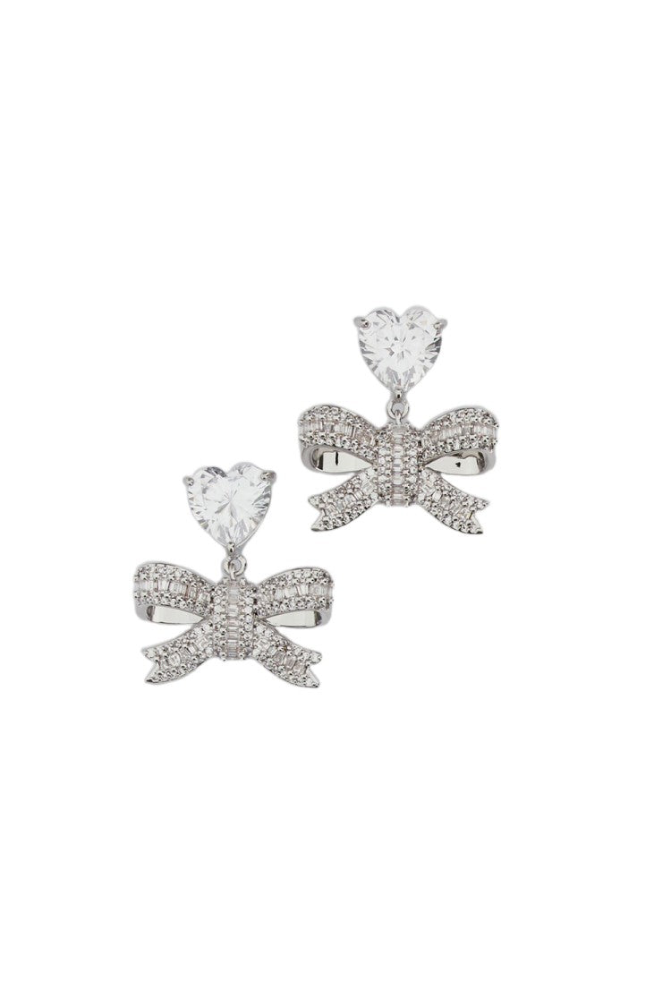 Self-Portrait Silver Crystal Heart Bow Earrings